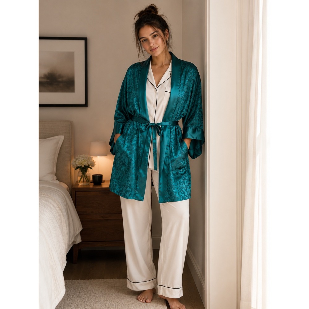 Vintage Victoria's Secret Gold Label Teal‎ L Kimono Short Belted Robe Damask OS
